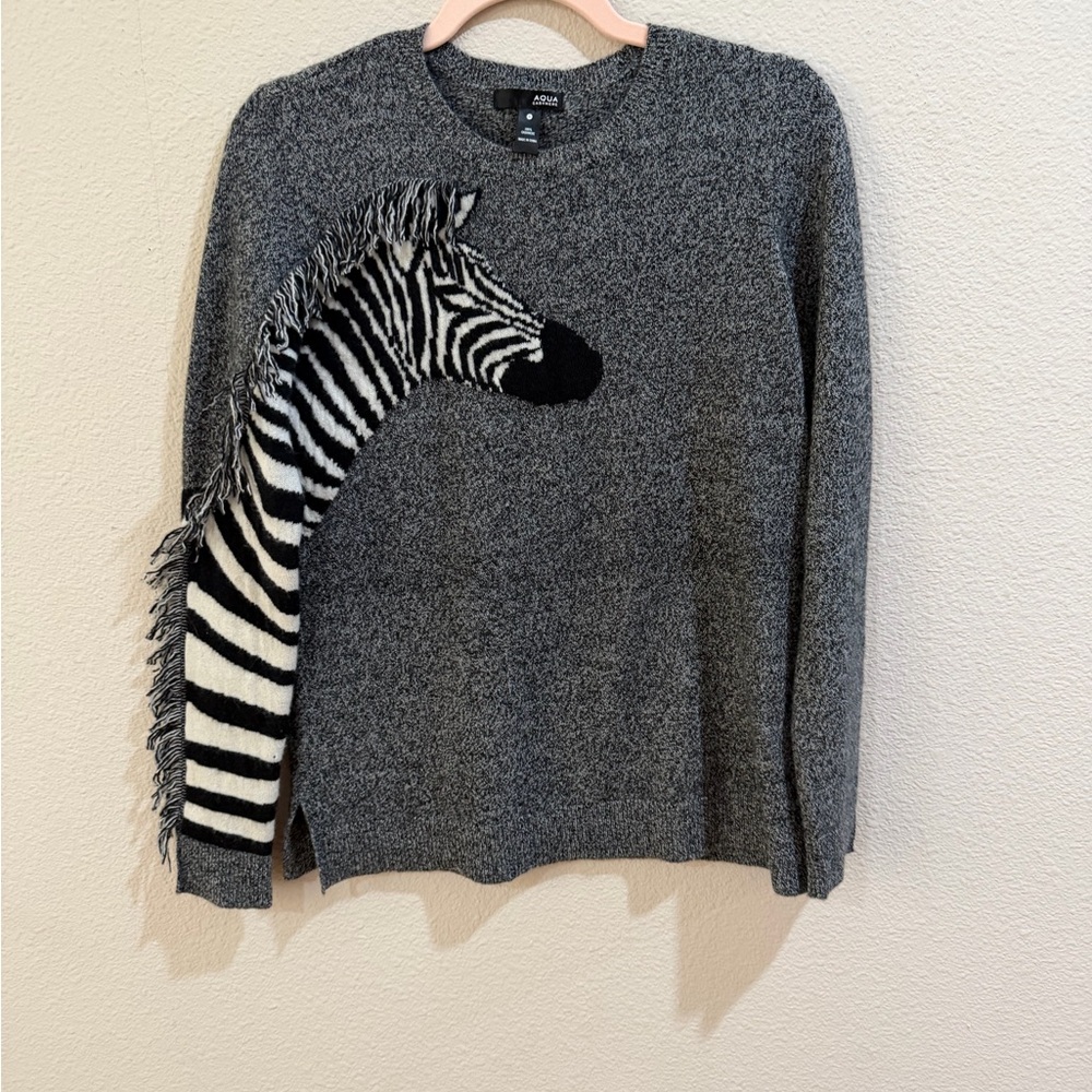 Cashmere Zebra Intarsia Crewneck Sweater - Gray & Black